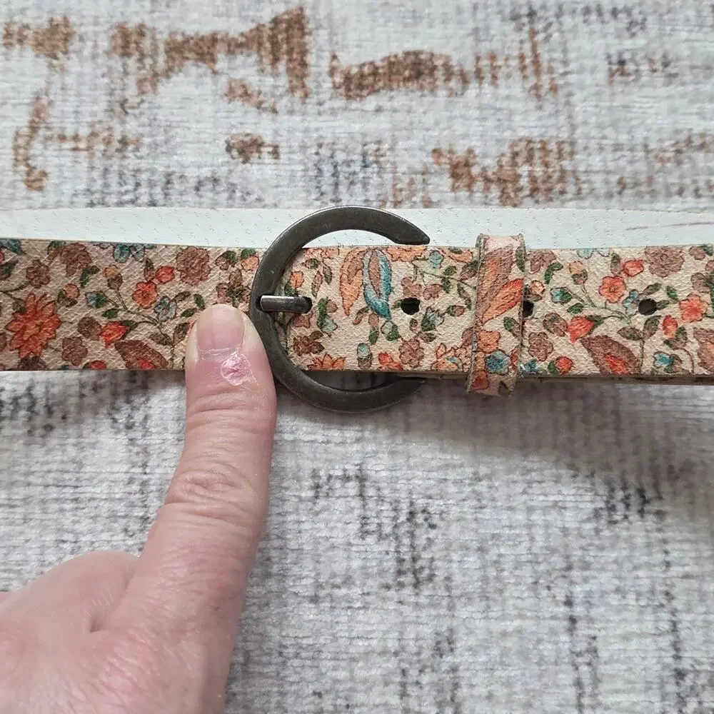 Vintage 90s Landes Floral Patterned Belt Womens L Boho Cottagecore Cream Blue